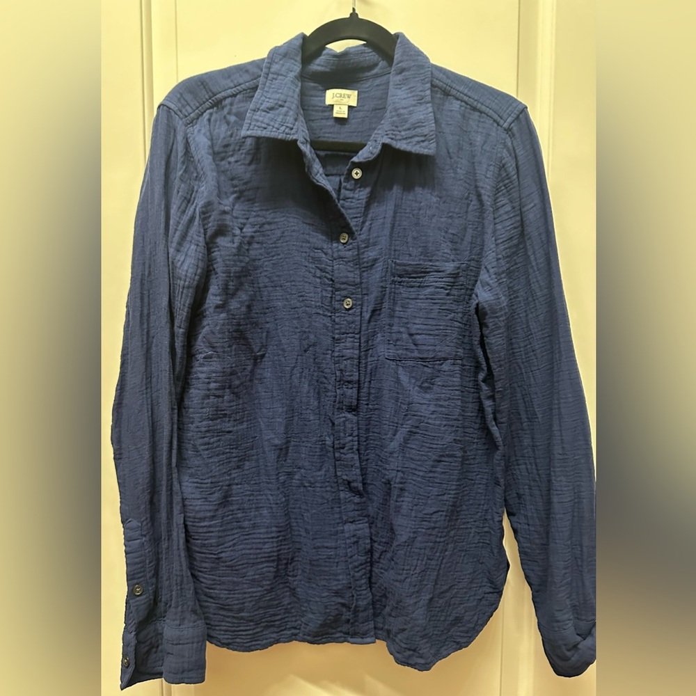NWOT J. Crew Crinkle Cotton Navy Button Down Shirt Size Large